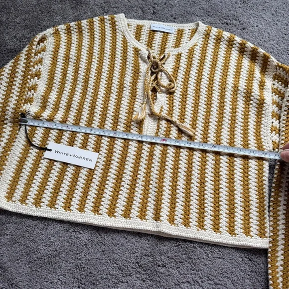White + Warren Mustard and Cream Fine Cotton Crochet Sweater Top